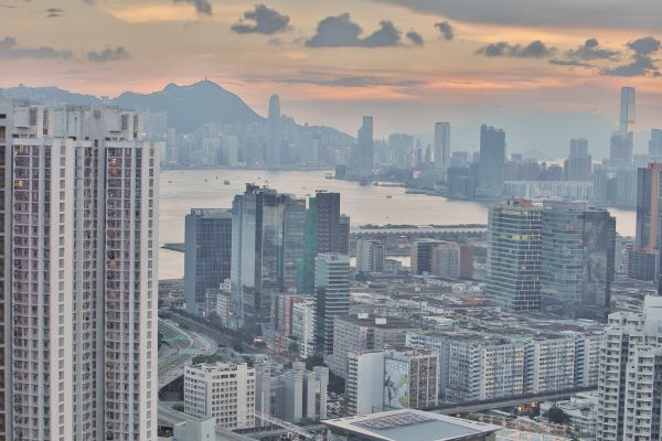 East Kowloon view of Hong Kong island at dusk.