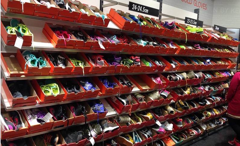 Shoes on display at a Nike factory outlet